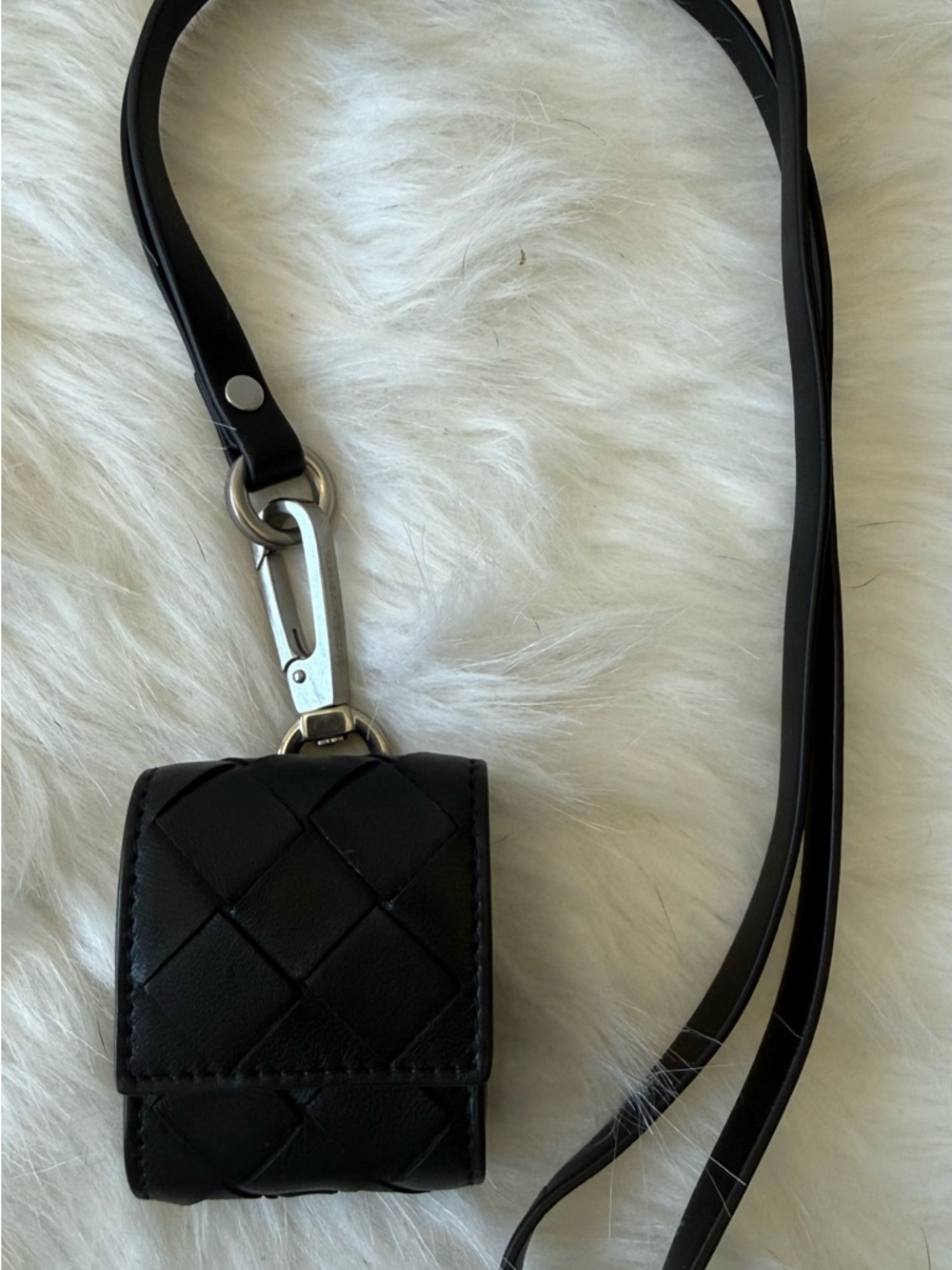 Bottega Veneta Intrecciato Black Leather Ear Bud Case with Strap